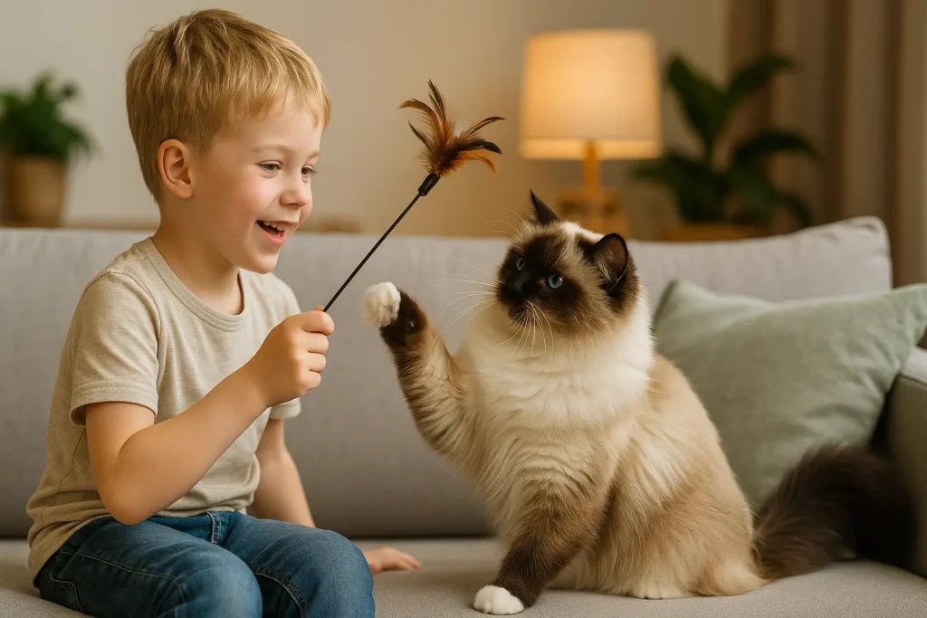 dziecko bawiące się z kotem ragdoll