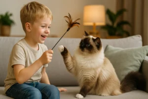 dziecko bawiące się z kotem ragdoll
