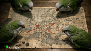 Inwazja mnichy nizinnej - Papugi siedz ace przy wojskowej mapie